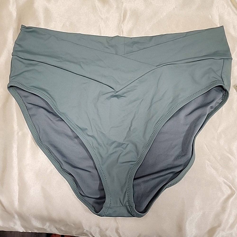 Women's XXL sage green cross-over front high-rise swim bikini bottoms